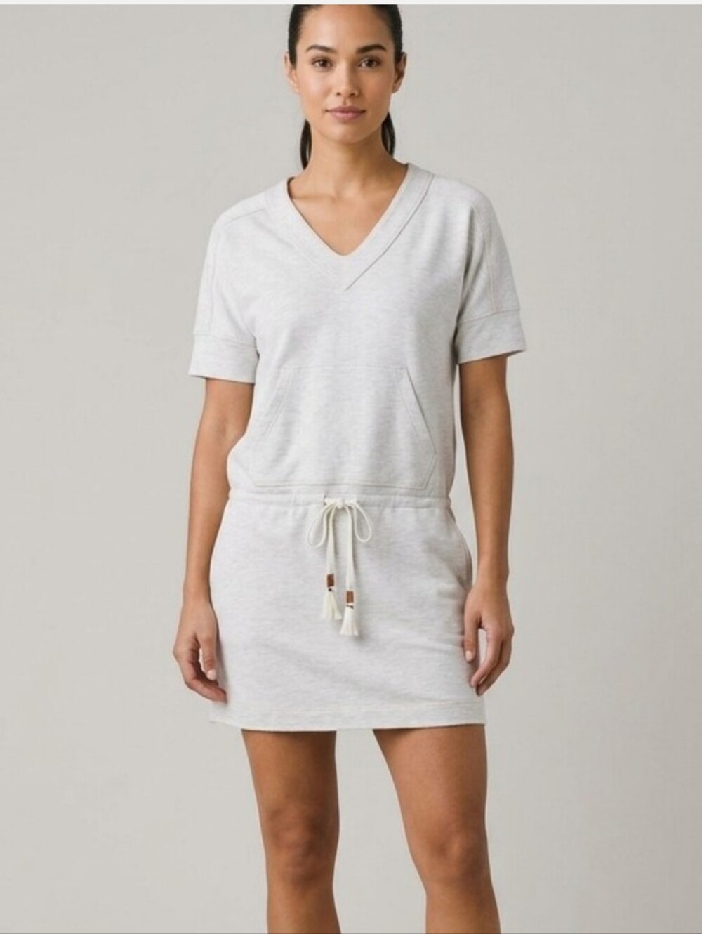 Indygena Casual Light Gray V-Neck Drawstring Midi Dress